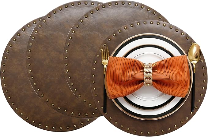 Round Placemats Set of 4, Waterproof Oilproof PU Place Mats, Heat Resistant Anti-Slip Faux Leather Table Mats for Indoor & Outdoor Use, Dark Brown