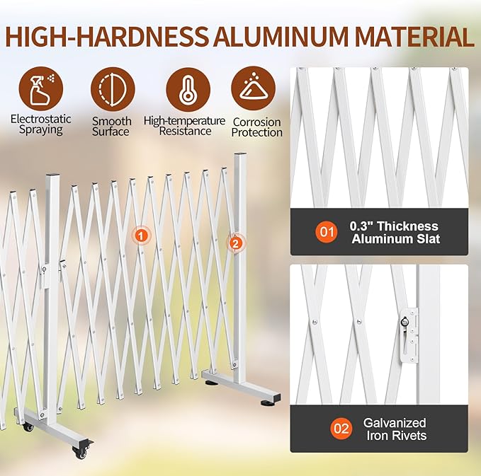 TECSPACE Aluminum Expandable Garden Fence, Portable Barricade Gate with Casters, Expansion Size 201×15.2×40.6 inches, Adjustable Flexible Fence Mobile Barricade Safety Barrier