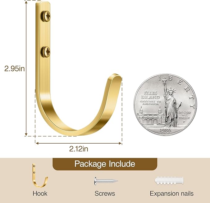 Wall Hooks for Hanging Towel/Coat - 22LB Screw in Metal Hanger Wall Mount, for Outdoor, Closet, Door, Bathrooms, for Backpack, Robe, Brushed Gold 5 Pack