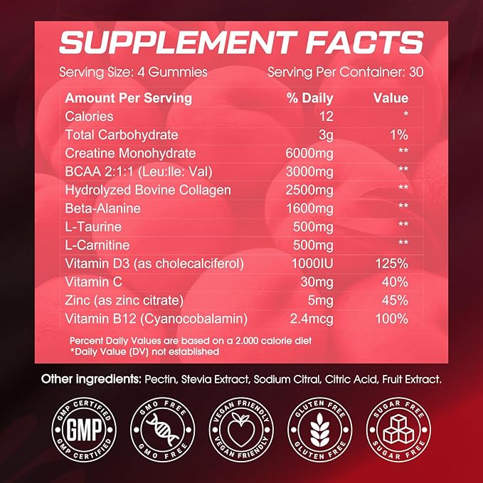 Creatine Gummies for Women, Sugar-Free Creatine Monohydrate with Collagen, BCAAs, Vitamin C & B12 for Muscles, Energy & Booty, Post Workout Supplements and Vegan Preworkout Gummies for Women
