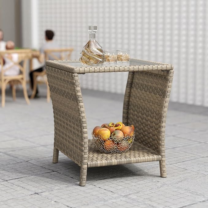 kinbor Small Patio Table - Tempered Glass Top Small Outdoor Wicker Side Table with Storage Shelf for Patio, Balcony & Porch, Durable PE Rattan & Iron Frame