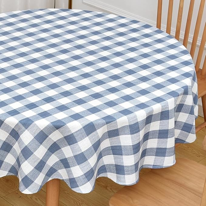 Gingham Table Cloth for Round Tables Sky Blue Checkered Plaid Tablecloth Heavy Duty Cotton Blend Washable & Wrinkle Table Cover for Outdoor Kitchen Dining Picnic Camping (60 inch Diameter)