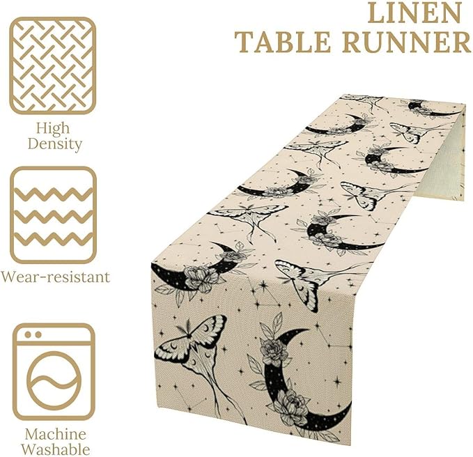 Boho Moth Table Runner,Retro Flower Moon Starlit Stars Butterfly Print Table Runner for Wedding Holiday Party Farmhouse Home Decor 13x108in