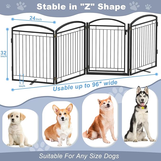 Full Metal Free Standing Dog Gate with Door for Indoor & Outdoor,96'' Extra Wide 32'' Tall Dog Gate for The Doorways,Large Openings,Decks,Porch,Pet Freestanding Safety Fence(4 Panels,Black)