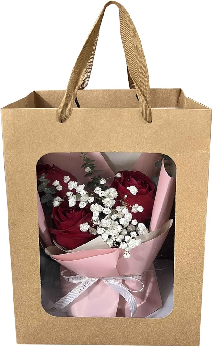 BallHull 12 Pcs Brown Paper Gift Bags with Transparent Window, 9.84"x7.0"x5.12" Kraft Shopping Bags with Handles for Bouquet Christmas Birthdays Festivals Party Weddings Wrapping