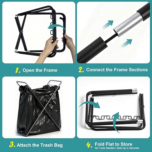 Trash Bag Holder Stand, Foldable Metal Garbage Bag Frame Fits 30-50 Gallon, Portable Yard Leaf Bag Holder for Lawn Cleanup, Camping, Weeding, Parties