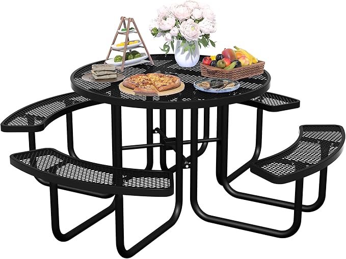 46'' Round Metal Picnic Table for Outdoors, Commercial Steel Metal Picnic Tables, Heavy Duty Sturdy Picnic Tables Furniture Set for Patio Garden Courtyard BBQ, with Umbrella Hole