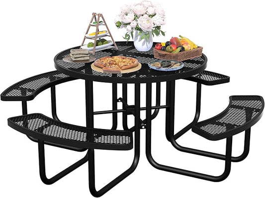 46'' Round Metal Picnic Table for Outdoors, Commercial Steel Metal Picnic Tables, Heavy Duty Sturdy Picnic Tables Furniture Set for Patio Garden Courtyard BBQ, with Umbrella Hole