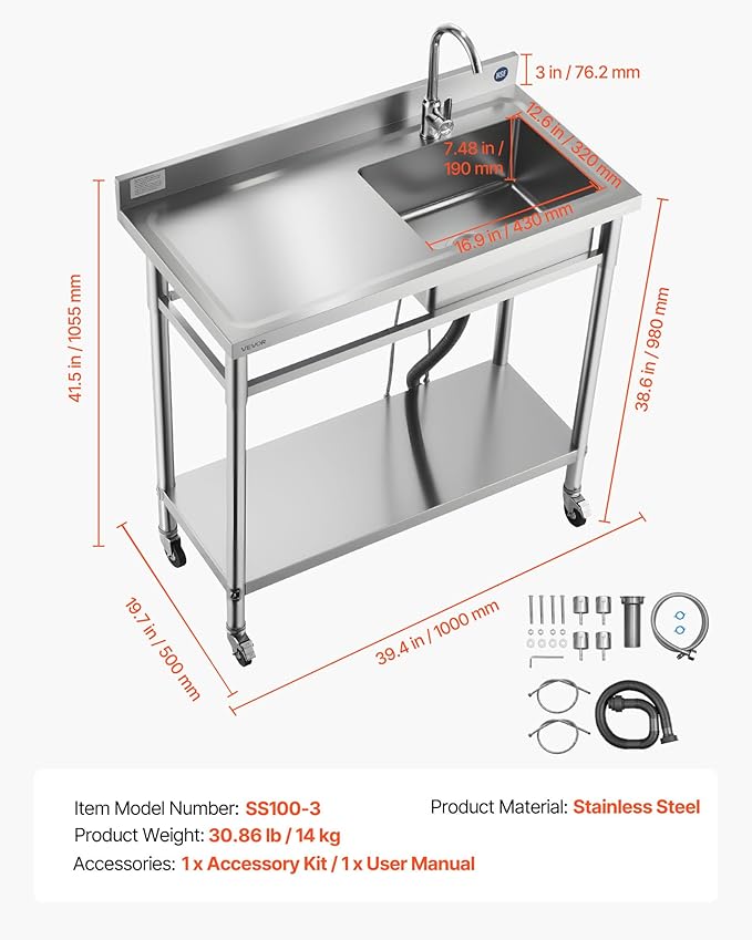 VEVOR Stainless Steel Utility Sink, Rolling Single Bowl Commercial Kitchen Sink with Wheels,Faucet and Hot & Cold Water Pipe,Utility Basin Workbench for Garage Restaurant Laundry 39.4 x 19.7 x 41.5 in