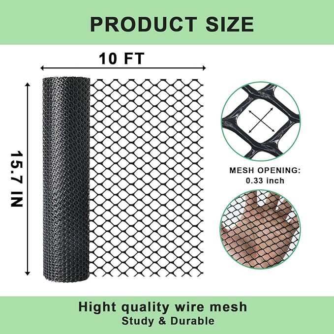 vensovo Black Plastic Wire Mesh 15.7IN x 10FT Roll - Chicken Wire Fencing for Poultry, Gardening Barrier, Balcony Guard for Cats and Dogs, Floral Craft Mesh with 20 Zip Ties