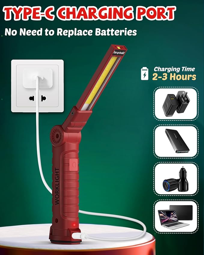 Coquimbo Tools Gifts for Men Dad Husband, Rechargeable LED Work Light Grill Accessories Magnetic Flashlight with Hanging Hook 5 Modes 360° Rotate Christmas Gifts for Him Grandpa (2 Pack Red)