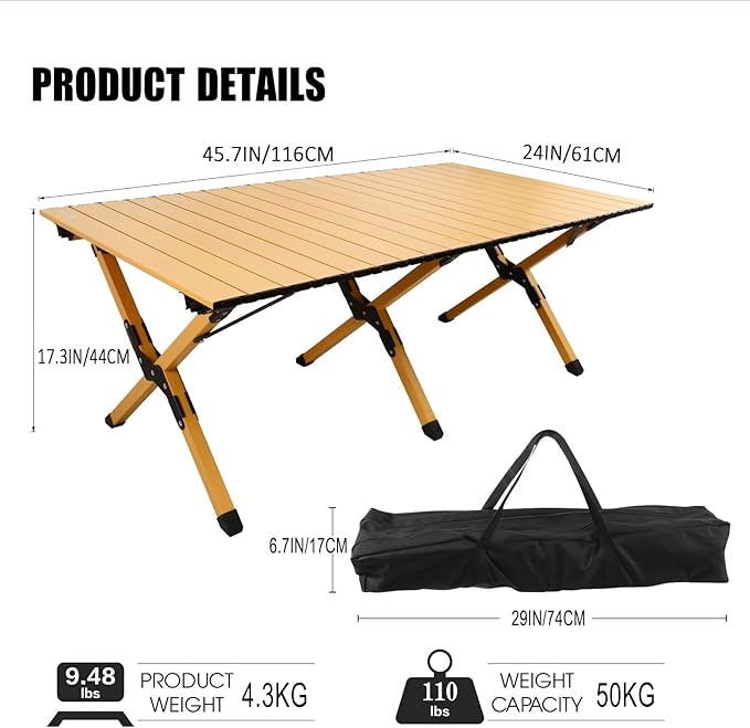 Folding Camping Table, Lightweight Roll-Up Table Aluminum Low Portable Picnic Table with Easy Carrying Bag for Outdoor, Beach, Picnic, Backyards, BBQ and Party, 45.2"L x 23.6"W x 17.3"H