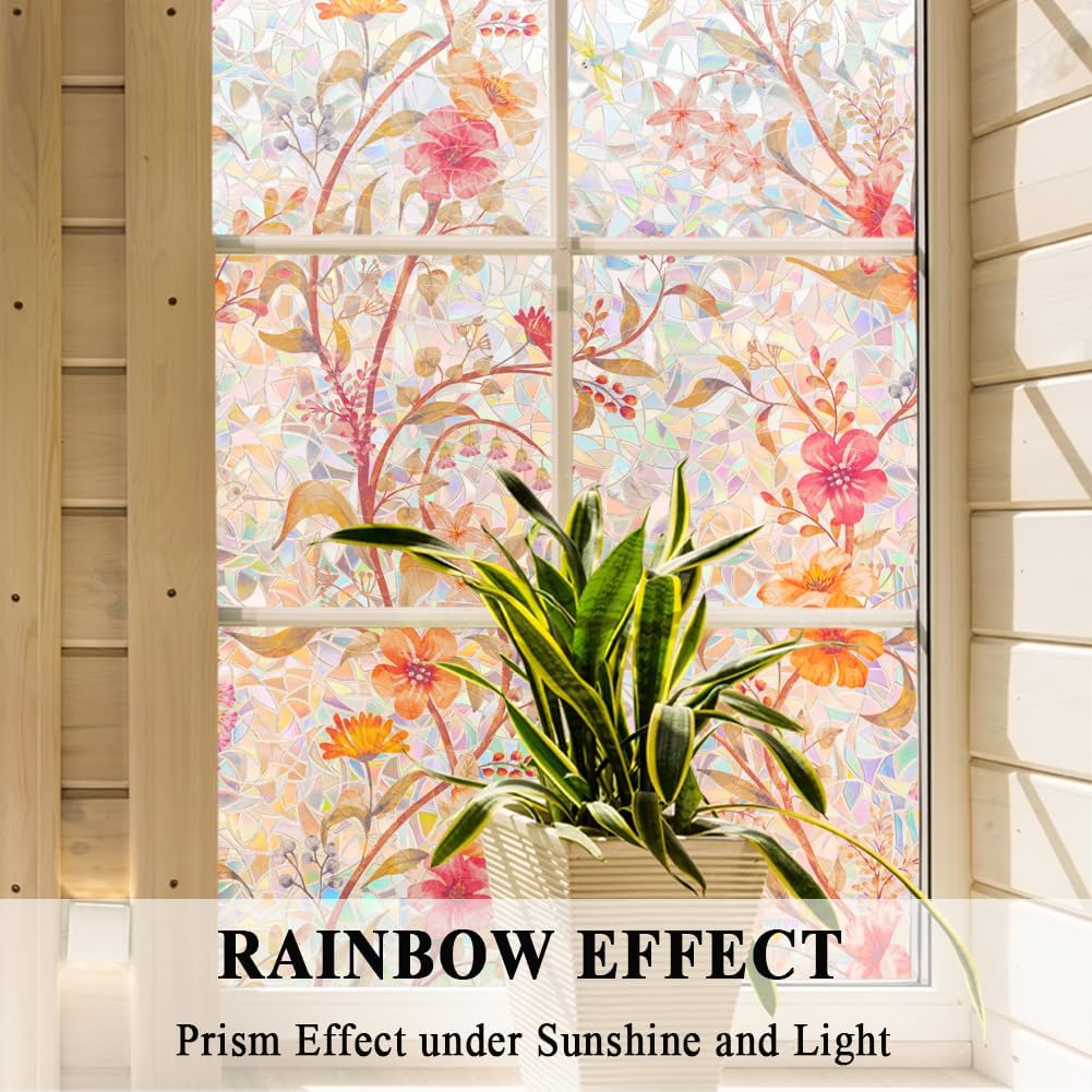 Stained Glass Window Film Static Cling Door Privacy Film Decorative Flowers Red Leaves Window Decals Stickers Heat Control Anti UV for Home and Office,35 inches by 157 inches