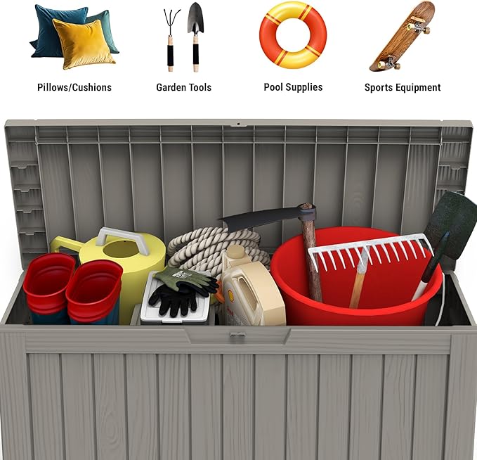 Mars Villa 72 Gallon Deck Box, Waterproof Weatherproof and UV Resistant Resin Storage Bin with Lockable Lid, Ideal for, Outdoor, Patio Furniture Cushions, Pool Supplies, Garden Tools, Greige