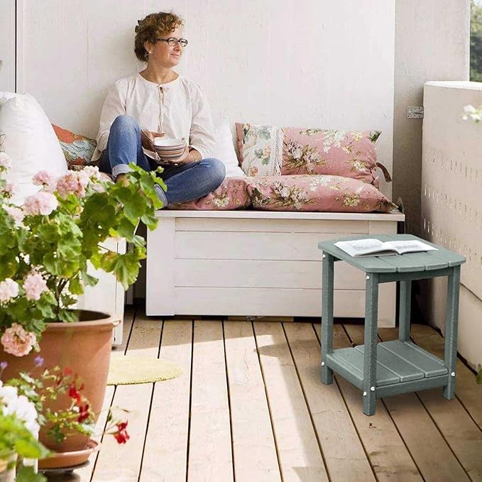 Adirondack Square Outdoor Side Table,2-Tier Storage Patio Side Table, HDPE End Tables for Backyard Pool Porch Garden Lawn