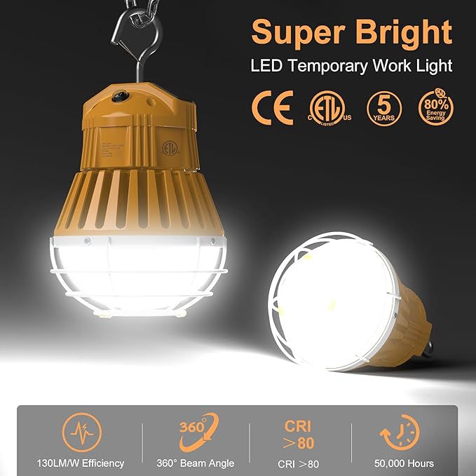 LED Temporary Work Light,100W/80W/60W Adjustable,4500K/5000K/5700K CCT Adjustable Construction Light with 10ft Cable Plug and Sturdy Hooks Linkable LED Work Job Site Lighting ETL Listed AC100-277V