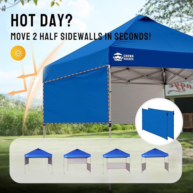 CROWN SHADES Canopy Tent, 10 x 10 Foot Portable Pop Up Outdoor Shelter with 2 Half Sidewalls, 1 Push Center Lock, UV Protection, and Carry Bag, Blue