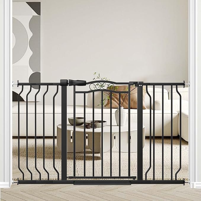 Fairy Baby 29.5"-53.1" Extra Wide Baby Gate for Doorways, No Drill Baby Gate for Stairs Hallway, Pressure Mounted Safety Child Gate Pet Barrier, Walk Thru Auto Close Metal Dog Gate Indoor, Black