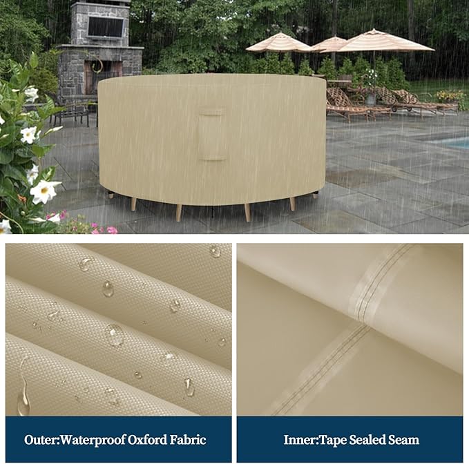 Easy-Going Round Patio Furniture Cover Waterproof Outdoor Dining Table and Chair Cover Anti-UV Outside Sectional Sofa Set Covers (62"DIA x 28"H, Camel)