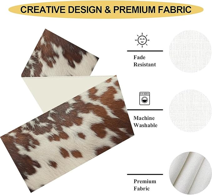 Cow Print Table Runner, Brown Cowhide Print Western Style Table Runner Country Farmhouse Cottage Cow Pattern Linen Table Decoration for Home Kitchen Dining 13x108