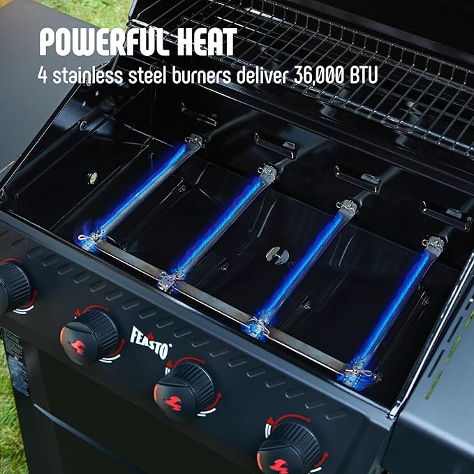 4-Burner Gas BBQ Grill with Side Table, 36,000 BTU Outdoor Propane Grill with Enameled Coated Chamber Body, Premium Porcelain-Enameled Grates for Backyard, Patio, Camping Barbecue, Black