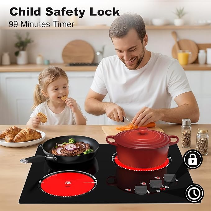 VBGK Electric Cooktop,24 inch 220V Stove Top,Touch and Knob Control,LED,9 Power Levels, Kids Lock &Timer,Overheat Protection,5000W 3 burner electric cooktop.