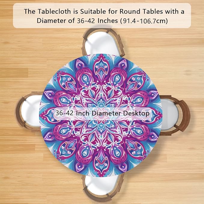 Mandala Vintage Flowers Round Table Cloth Cover, Elastic Edge Waterproof Wipeable Tablecloths 36"-42" Polyester Tablecloth for Party Restaurant Banquet Holiday Camping Outdoor Picnic