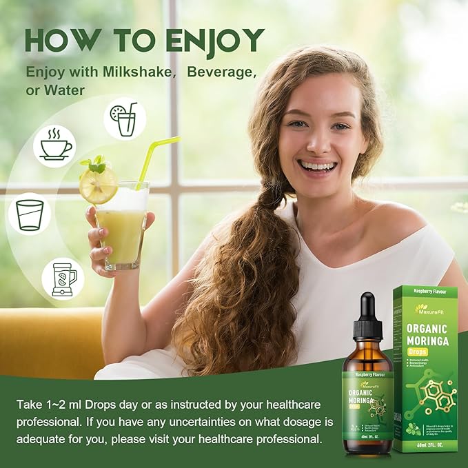 Moringa Leaf Drops with Vitamin C, Moringa Oleifera Extract Liquid Drops for Immunity Support,Antioxidant,Overall Health & Energy,Vegan Herbal Supplement 4 fl oz