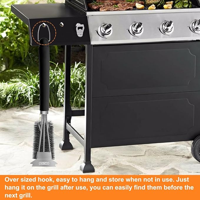 POLIGO Safe Grill Brush and Scraper with Deluxe Handle - 18" Grill Cleaner Brush Stainless Steel Bristle Grill Brush for Outdoor Grill Wizard Grate - BBQ Brush for Grill Cleaning Ideal Grilling Gifts