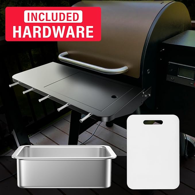 Upgraded Folding Front Shelf Accessories for Traeger Pro 22, Pro 575, Ironwood 650, BAC362, All-in-One Grill Table with Works Cutting Board,Basin,5 Hooks, Steel Grill Accessory for Food Prep & Storage