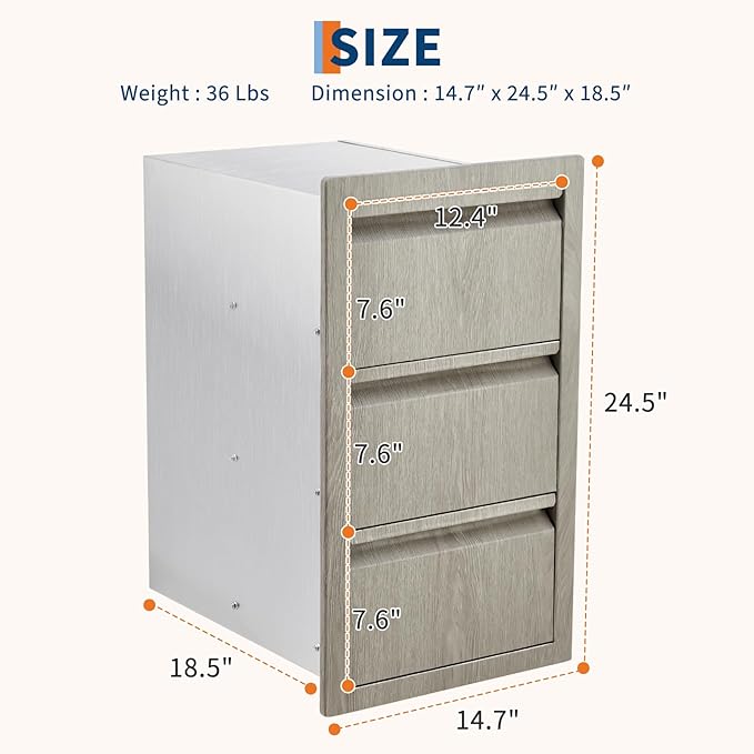 Stainless Steel Outdoor Kitchen Triple Drawers 14.7" W x 18.5" D x 24.5" H - Heavy Duty with Handles, Weather-Resistant Flush Mount for BBQ Island, Patio Grill & Outdoor Cooking Space