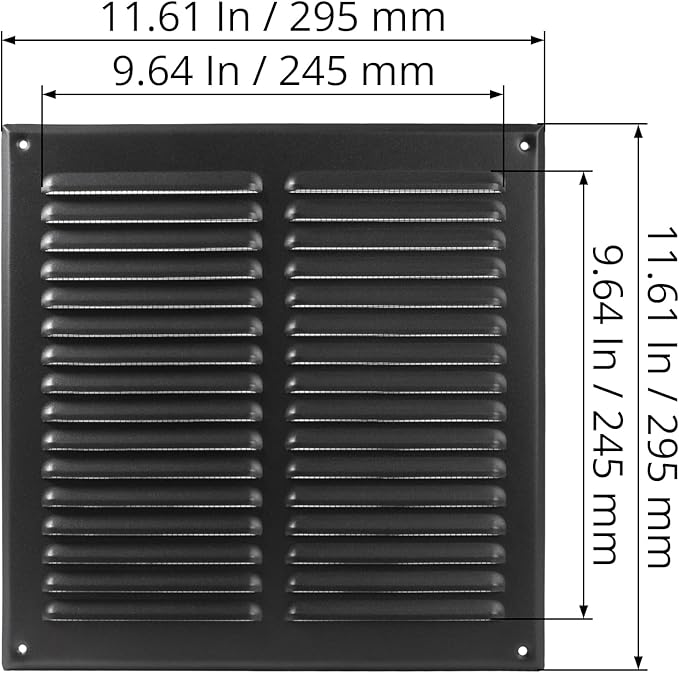 Square Ventilation Grille / 10" x 10" Inch Inside Measurement/Black Metal Air Vent Louver - Inside/Outside use / 11.6" x 11.6" Inch Outer Measurement