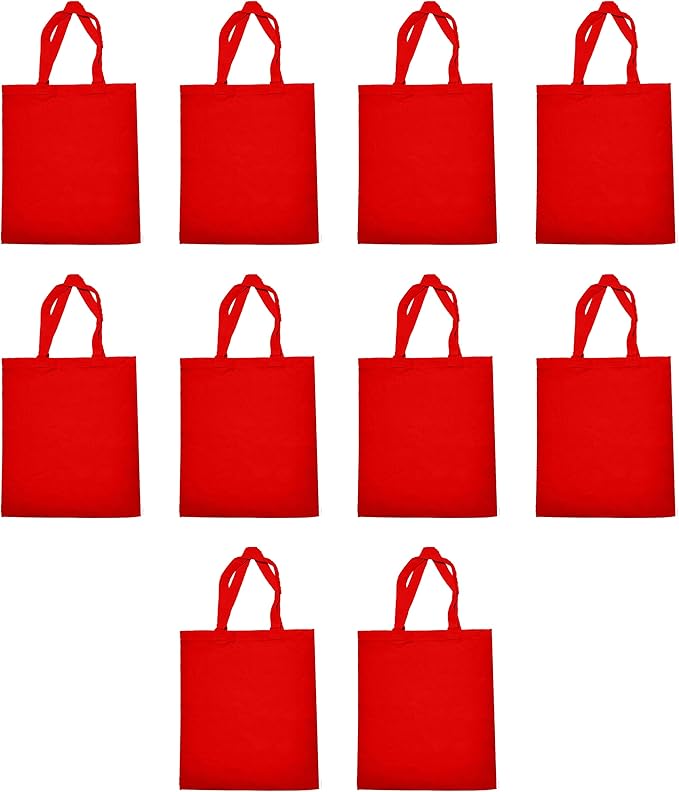 DISCOUNT PROMOS Cotton Canvas Tote Bags Set of 10, Bulk Pack - Reusable, Great for Shopping, Grocery, Beach, Picnic, Wedding Favors - Red