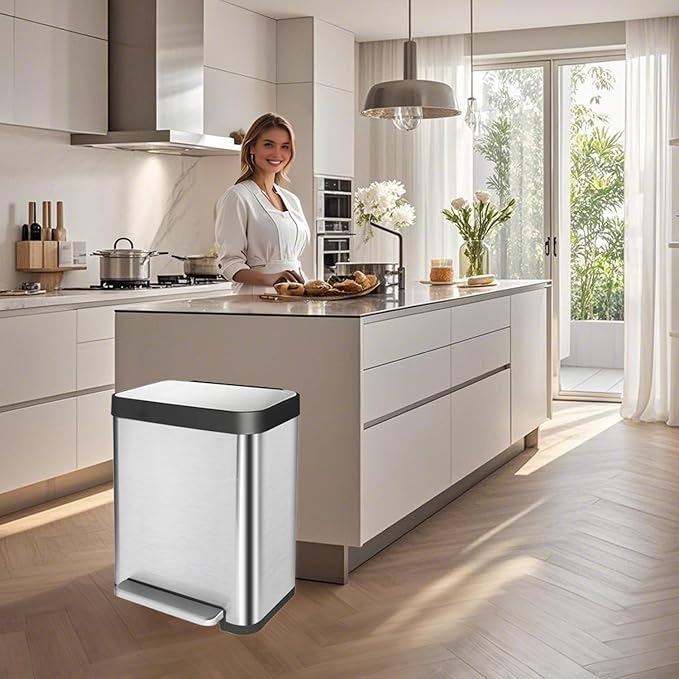 10 Gallon Ktichen Trash Can with Lid, Stainless Steel Trash Can with Removable Inner Bucket, Soft Close Lid, Step-On Pedal Bin for Kitchen, Office, Bathroom