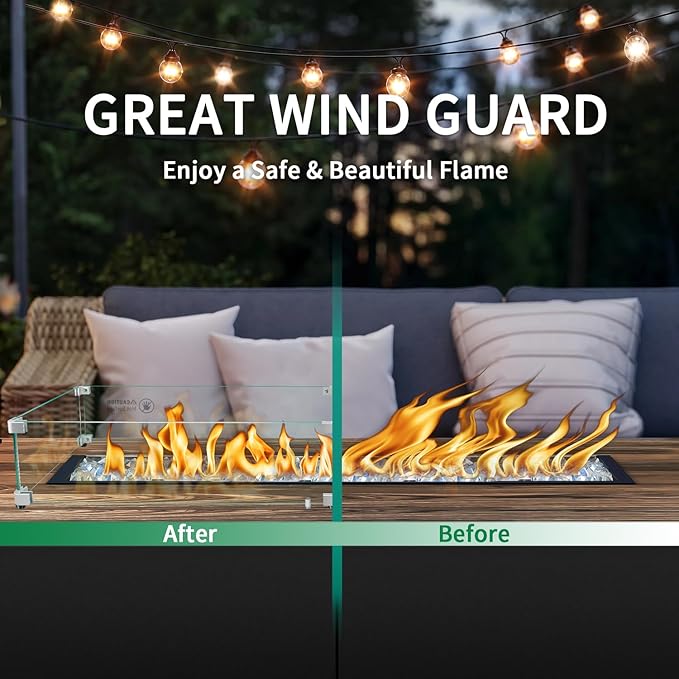 Fire Pit Wind Guard - 41.5" x 11.5" x 6" Rectangular for Outdoor Fire Pit Table, Thick & Durable Tempered Glass w/Hard Aluminum Corner Brackets, Quick Assembly