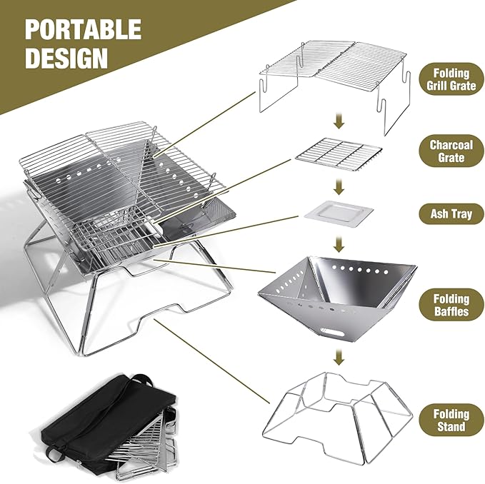 Lineslife Foldable Fire Pit with Grill for Camping Collapsible Portable Fire Pit with Campfire Grill & Tote Bag for Backyard, Patio, Picnic, BBQ