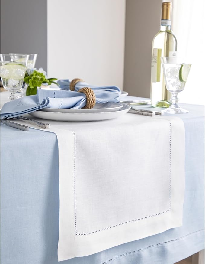 Solino Home Linen Table Runner 90 Inches Long - Classic Hemstitch 100% Pure Linen White Dining Table Runner 14 x 90 Inch for Valentines, Spring, Easter