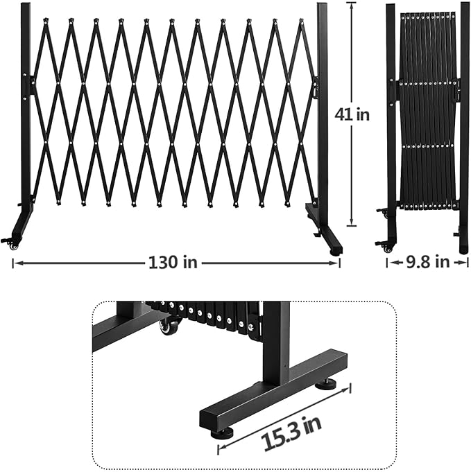 TECSPACE Aluminum Expandable Garden Fence, Portable Barricade Gate with Casters, Expansion Size 126×15.2×40.6 inches, Adjustable Retractable Fence Mobile Barricade Safety Barrier