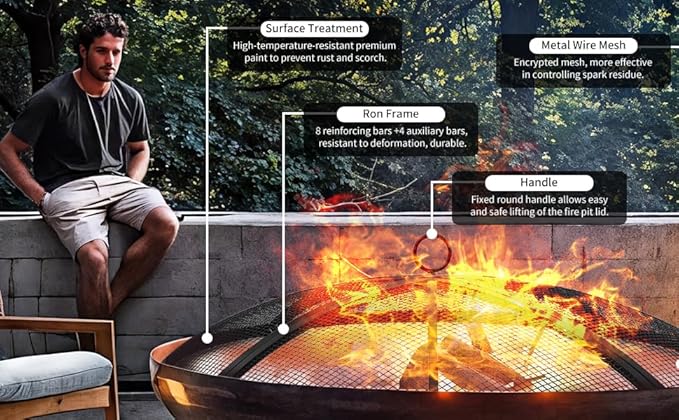 Fire Pit Spark Screen, 24 Inch Outdoor Fire Pit Screen with Foldable Hook and Marshmallow Sticks, Heavy Duty Steel Mesh Fire Pit Cover for Backyard, Beach, RV Camping