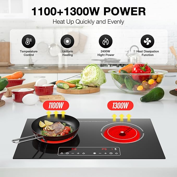 Electric Cooktop,110V 2400W 2 Burner Electric Cooktop,Countertop and Built-in Stove top with 9 Power Levels,Child Safety Lock, Timer, LED touch control,Overheat Protection