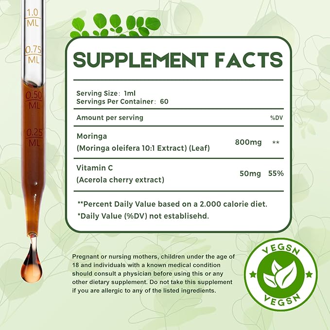 Moringa Leaf Drops with Vitamin C, Moringa Oleifera Extract Liquid Drops for Immunity Support,Antioxidant,Overall Health & Energy,Vegan Herbal Supplement 4 fl oz