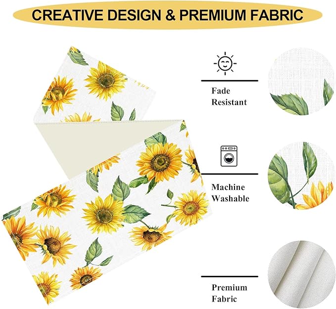 Sunfloral Table Runner, Summer Spring Seasonal Watercolor Sunshine Yellow Floral Sunflower Decorations Rustic Farmhouse Table Center Decor for Home Kitchen Dining Patio Indoor Outdoor, 13"x90" Inch