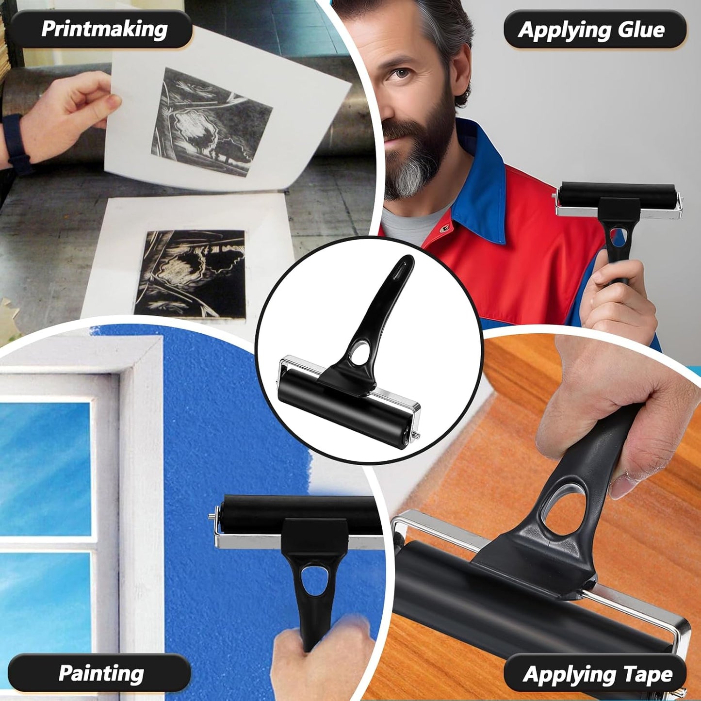 6 Pcs Rubber Roller, 4.7 Inches Black Rubber Brayer Roller for Printmaking, Professional Brayer Rollers for Crafting, Printmaking, Ink, Gluing and Stamping Tools, Handle Comfortable