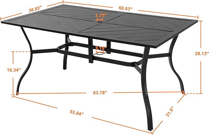 NUU GARDEN 6-Person Outdoor Dining Table, All Weather Patio Table with Umbrella Hole, Backyard Bistro Table, Black, 61x37x29 inches, 150 LBS Load Capacity