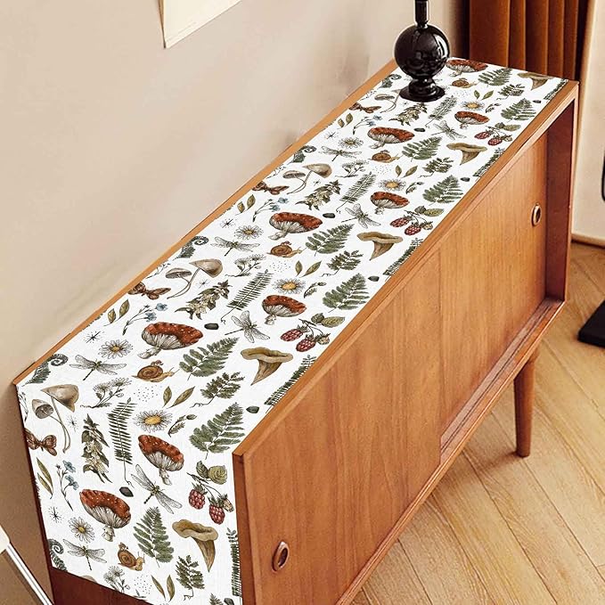 Mushroom Table Runner, Rustic Farmhouse Forest Plants Botanical Country Coffee Table Center Decor for Home Kitchen Dining Patio Holiday Party Indoor Outdoor Table Decorations, 13"x108" Inch