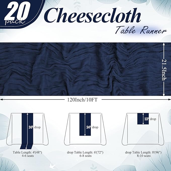 20 Packs Cheesecloth Table Runner 10FT Long Boho Gauze Fabric Table Runner Vintage Rustic Sheer Runners for Wedding Party Bridal Baby Shower Table Decorations (Navy Blue )