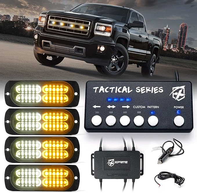 Xprite Surface Mount Strobe Lights Kit with Control Panel, Amber White Grill Grille Side Marker Flashing Emergency Warning Light for Trucks Vehicles ATV RV Cars Van 4PCS