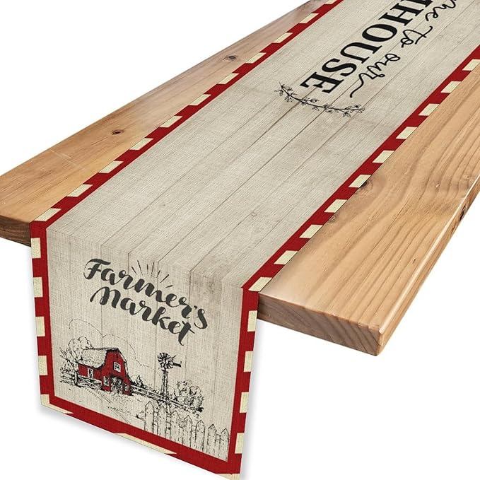 Farmhouse Table Runner, Rustic Country Barn Cottage Rooster Check Animal Plank Coffee Table Center Decor for Home Kitchen Dining Patio Holiday Party Indoor Outdoor Table Decorations 13"x90"