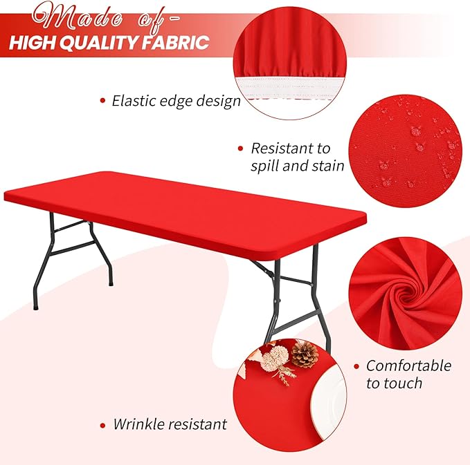 6 Pack Stretch Fabric Table Top Cap Cover, Red Table Covers fits 8Ft Tables, Washable Elastic Universal Rectangle Tablecloth Protector for Indoor Outdoor Party Picnic Wedding (30" W x 96" L)