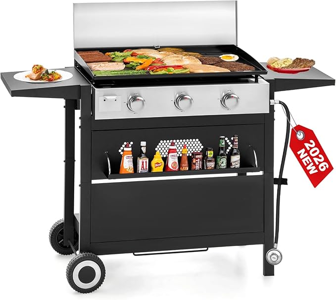 GREEN PARTY 3 Burner Propane Gas Griddle with Removable Standing Cart, Convertible to Tabletop Design, 27 inch Flat Top Grill for Outdoor Cooking Camping Tailgating Barbecue